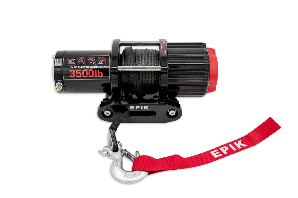 Black winch with red strap labeled 'EPiK' on a white background